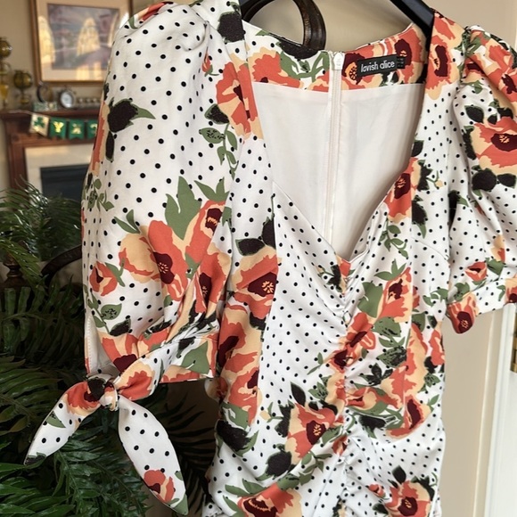 Lavish Alice White Orange Floral Polka Dot Ruched Mini Dress Puff Sleeves - Picture 5 of 16